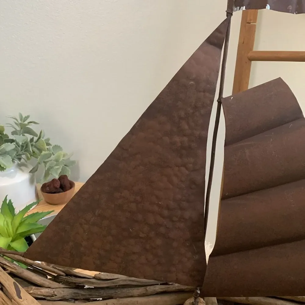 Driftwood And Metal‎ Sailboat Piece For Costal Beach Cabin Decor
